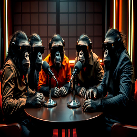 Group of monkeys in a studio with microphones.の写真素材