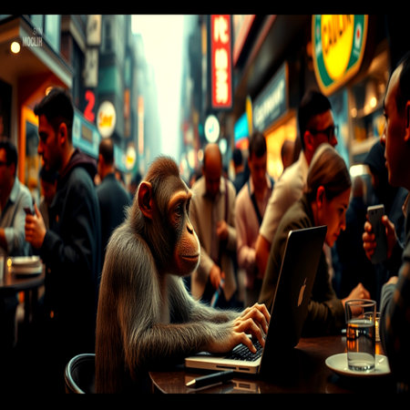 A monkey sits at a table in a street cafe.
