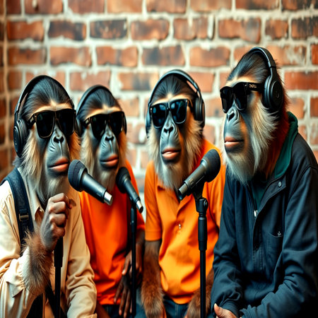 Group of monkeys in headphones with microphone on brick wall background.の写真素材