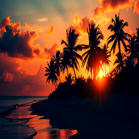 Tropical beach with palm trees at sunset. Nature background.の写真素材