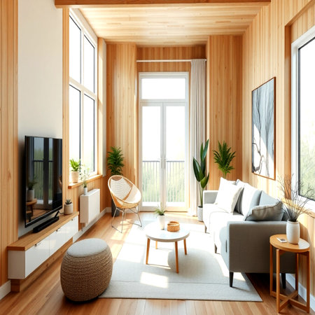 Interior of modern living room with a large window. 3d renderingの写真素材
