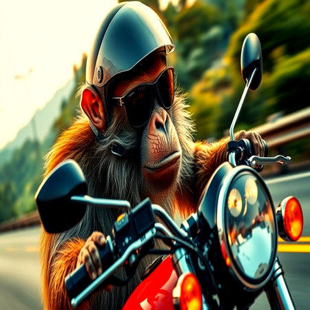 Monkey riding a motorcycle on the road. Close-up.の写真素材