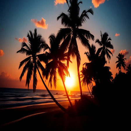 Silhouette of palm trees on a tropical beach at sunset.の写真素材