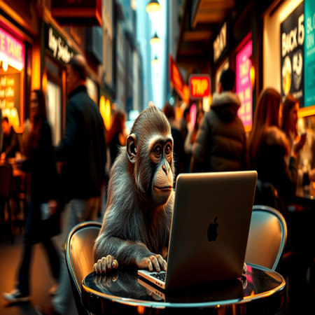 Monkey with laptop in a cafeの写真素材