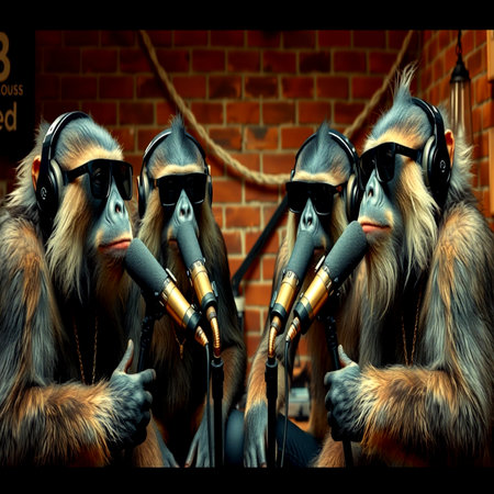3D rendering of baboons with headphones and microphones.の写真素材
