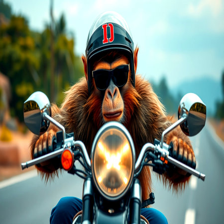 Monkey on the motorcycle. Motorcyclist on the road.の写真素材