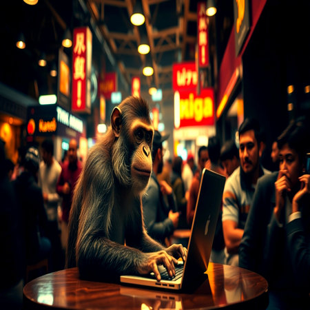 Monkey working on laptop.の写真素材