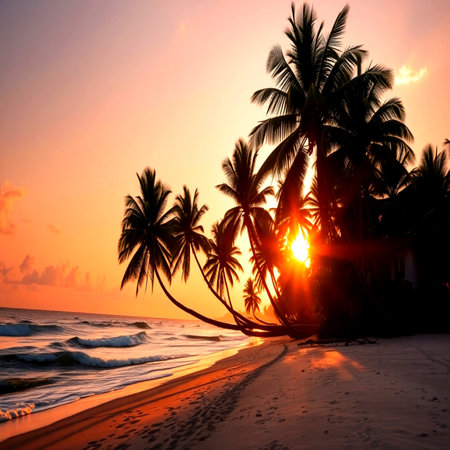 Palm trees on a tropical beach at sunset in Sri Lanka.の写真素材