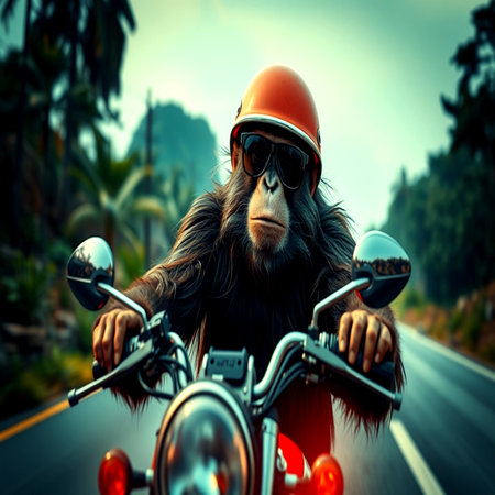 Monkey on a motorcycle. Monkey on the road in the jungle.の写真素材