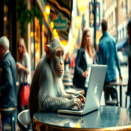 Monkey sitting at a table in a street cafe and working on a laptopの写真素材