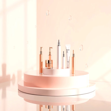 3d render of cosmetic products on podium in white room with sunlightの写真素材
