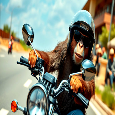 Monkey rides a motorcycle on the road. 3d renderingの写真素材
