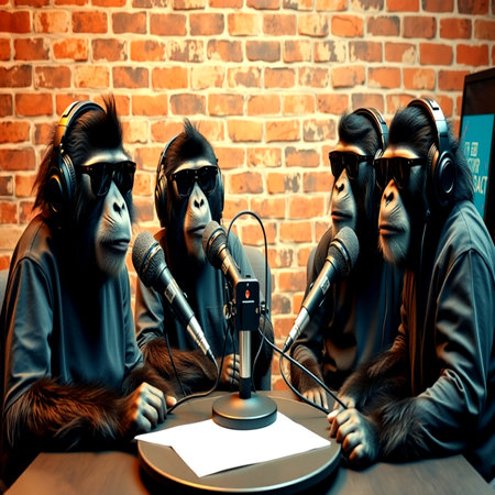 Group of monkeys singing into a microphone in a recording studio. 3D rendering.の写真素材