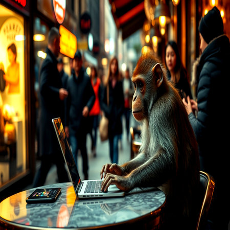 Monkey with a laptop in a cafe on the street of Parisの写真素材