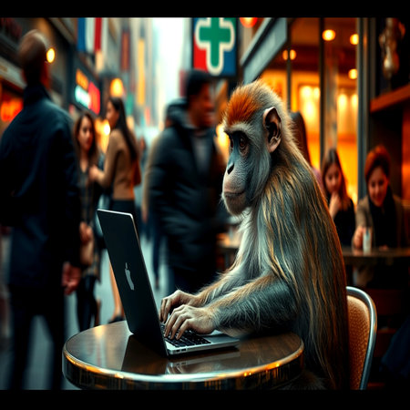 Monkey with a laptop in a cafe on the background of people