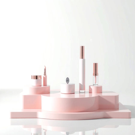 Cosmetic product display podium, 3d render, white and pinkの写真素材