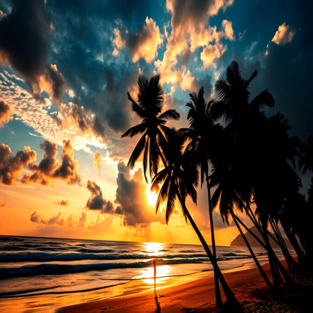 Tropical beach with palm trees at beautiful sunset. Nature backgroundの写真素材