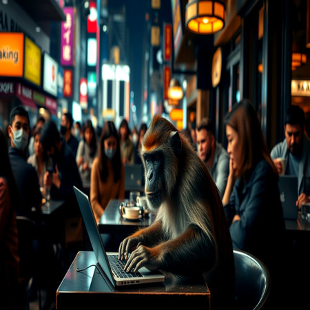 Monkey and people in the city at night. Selective focus.の写真素材