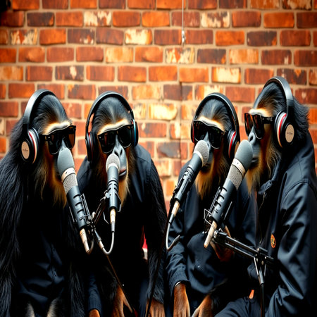 Group of animals with microphone and headphones on brick wall background.