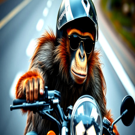 Monkey with motorcycle on the road. 3d illustration.