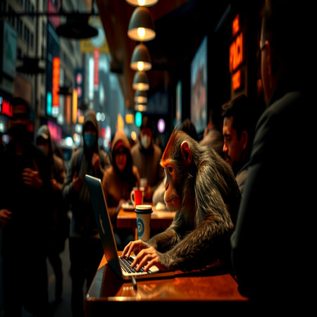 A monkey using a laptop in a pub.の写真素材