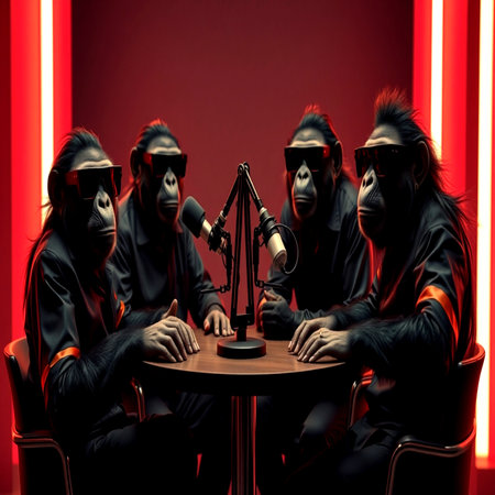 Group of apes in sunglasses sitting at a table with a microphone on a red background.の写真素材