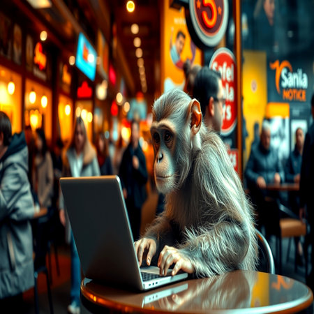 Monkey with a laptop in a cafe. Conceptual image.の写真素材