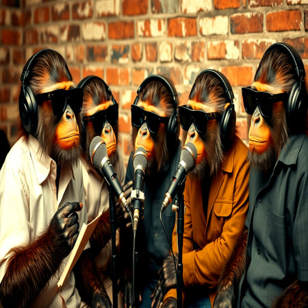 Group of people in headphones singing into a microphone in a recording studio.の写真素材