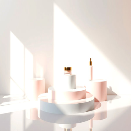 3d rendering of cosmetic product display podium in white room with sunlightの写真素材