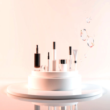 Cosmetic set on white podium, 3d rendering. Computer digital drawing.の写真素材