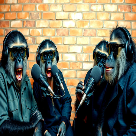 Group of monkeys singing into a microphone on a brick wall background.の写真素材