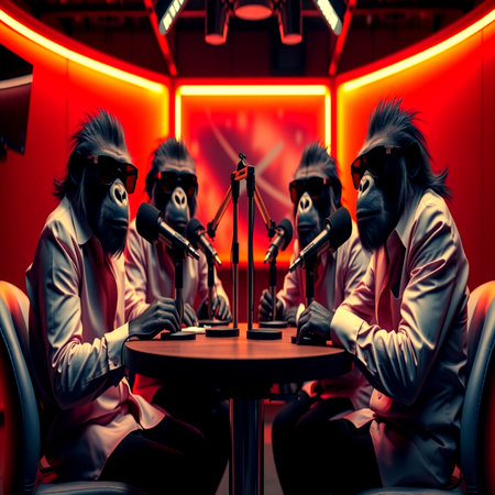 Group of monkeys dressed as humans sitting around a table with microphones.の写真素材