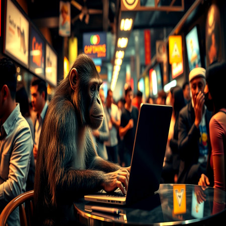 Monkey working on a laptop while sitting in a cafe at nightの写真素材