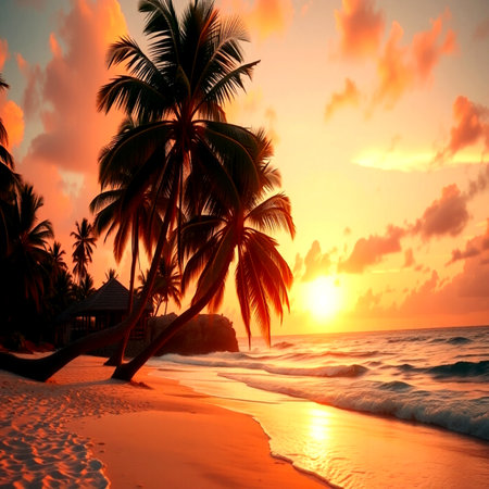Beautiful sunset on the beach with palm trees. 3d rendering