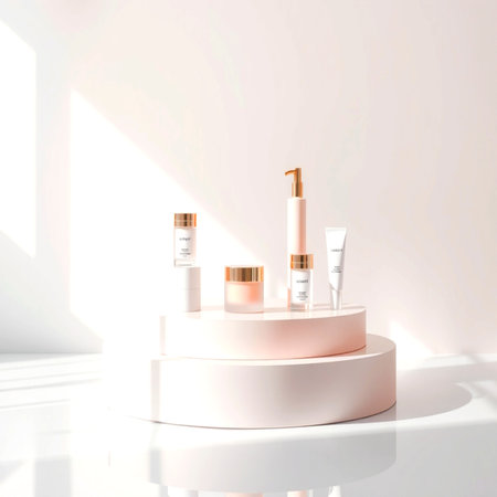 3D illustration cosmetic product display podium in white room with sunlight and shadowの写真素材