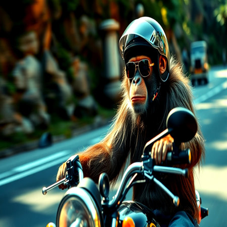 Monkey riding a motorcycle on the road in Bali, Indonesiaの写真素材