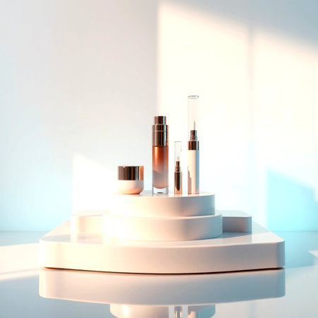 3d render of cosmetic products on podium in the white room.の写真素材