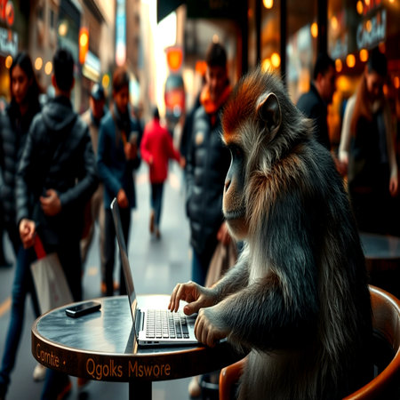 Monkey sitting in a cafe with a laptop on the street.の写真素材