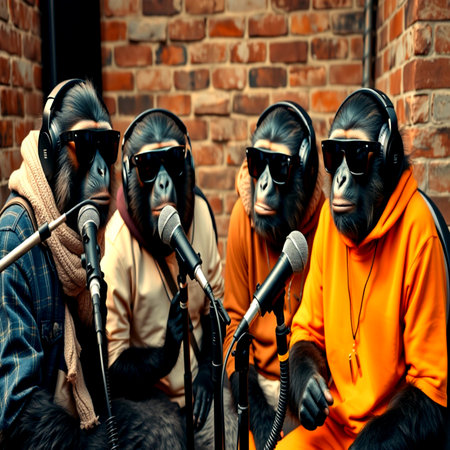 Portrait of a group of monkeys in the recording studio. The concept of singing and entertainment.の写真素材