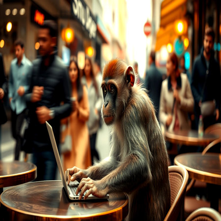 The monkey sits in a cafe and works on a laptop. The concept of work in the city.の写真素材