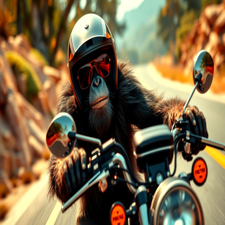 Monkey on a motorcycle on the road. 3d renderingの写真素材