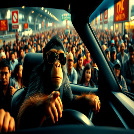 Monkey in the car. A large crowd of people in the background.の写真素材