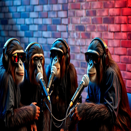 Group of monkeys singing in a recording studio.の写真素材