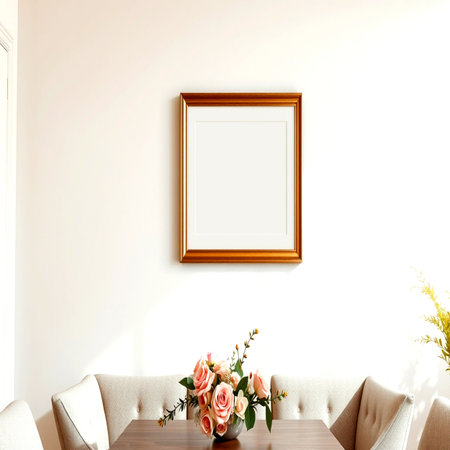 Empty frame on the wall with a bouquet of flowers. 3d renderの写真素材