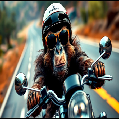 Monkey on a motorcycle in the mountains. Toned image.の写真素材