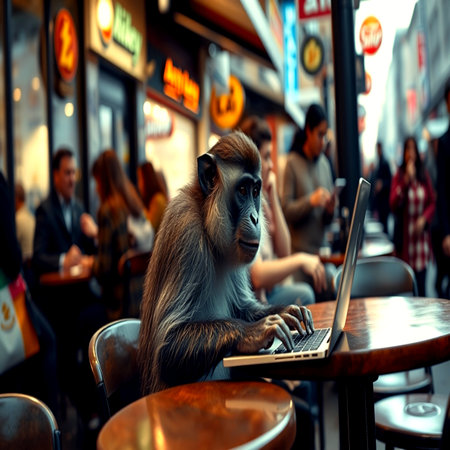Monkey with laptop in a cafe on the street of Paris.の写真素材