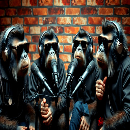 Group of monkeys with headphones and microphone against a brick wall background.の写真素材