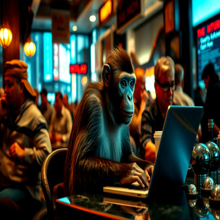 Monkey sitting at a table in a cafe with a laptop.の写真素材