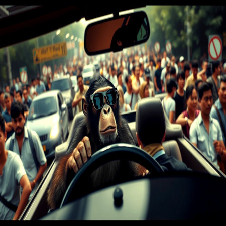 Chimpanzee in a car on the road.の写真素材