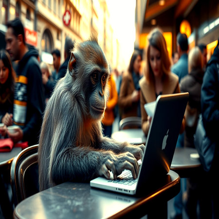 Monkey working on a laptop in a street cafeの写真素材